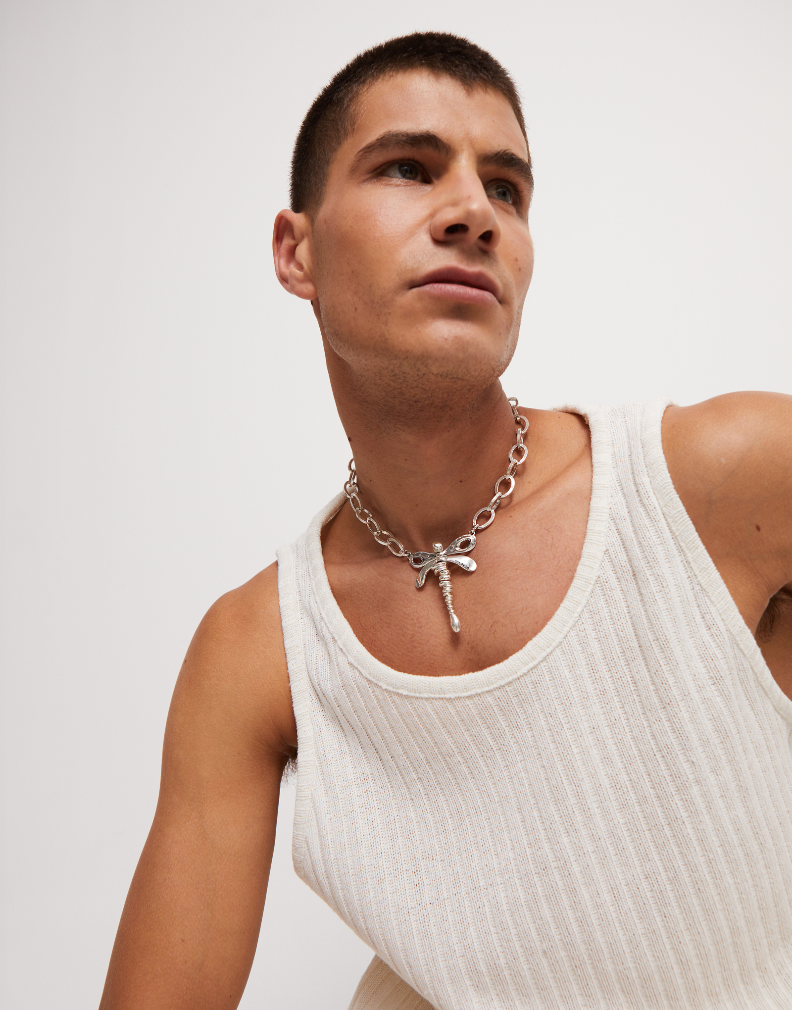 Short link chain necklace with dragonfly, Silver, large thumbnail